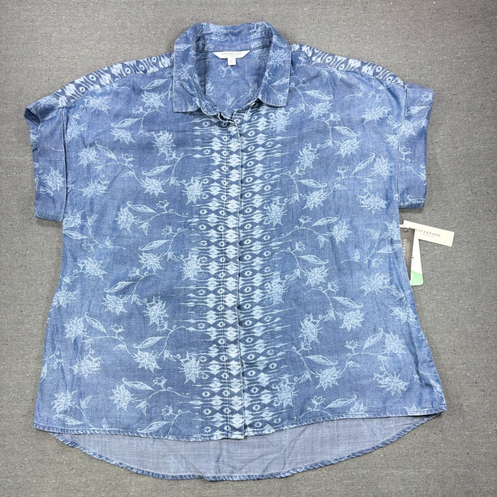 Liverpool Button Down Shirt Women Medium Blue Floral Ikat Lyocell Short Sleeve